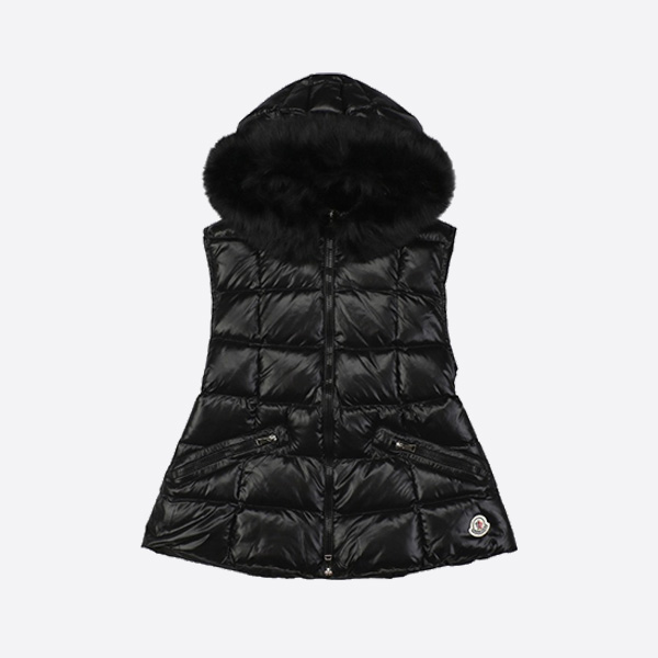 モンクレール 24Fw ラージチェック柄ファー襟ダウンフード ブラック