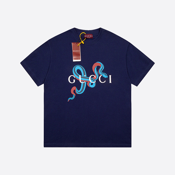 グッチ プリント ミディアム コットン ジャージー T シャツ ネイビー