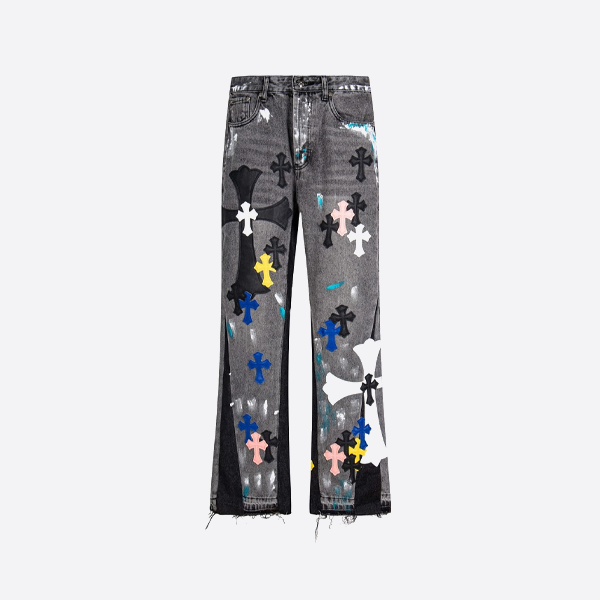Chrome Hearts ウォッシュドグレー パッチワーククロスジーンズ