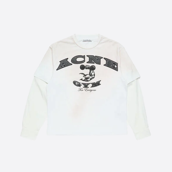 アクネ ストゥディオズ ダメージ加工ロゴ チェック柄スリーブ フェイクツーピース ロングスリーブTシャツ