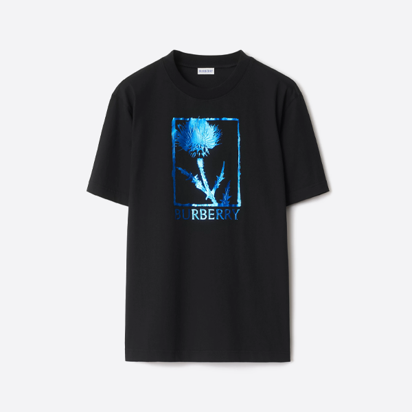 バーバリー アザミ柄コットン半袖Tシャツ、ブラック