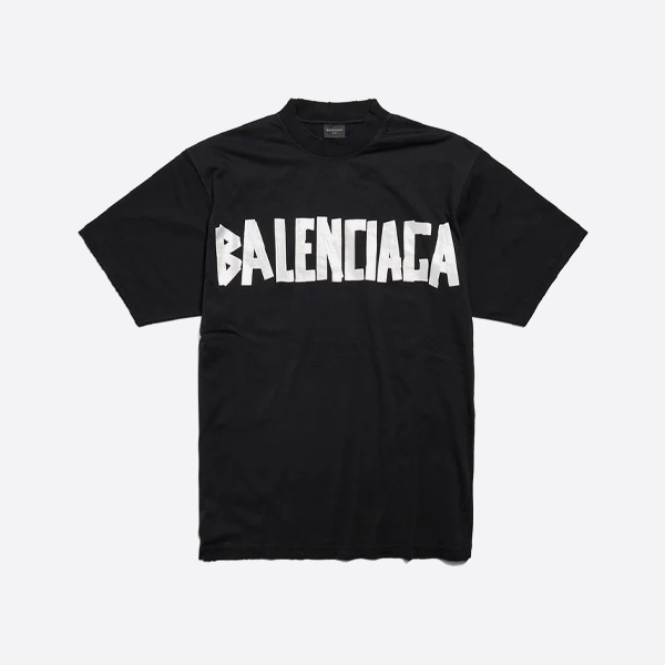 バレンシアガ ツートーンテープレター半袖Tシャツ、ブラック