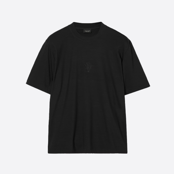 グッチ刺繍バッジ付き半袖Tシャツ、ブラック