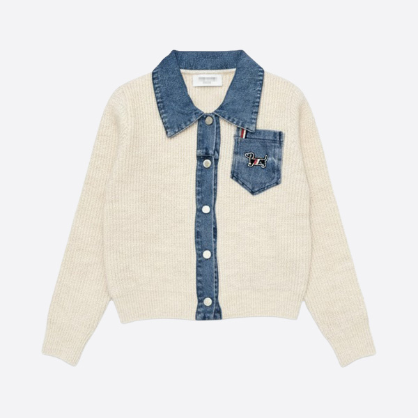 トム ブラウン デニムコンビ ウールカーディガン ダックスフント刺繍入り アイボリー