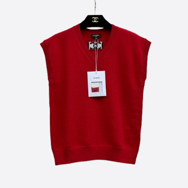 シャネル カシミヤ Vネック スリーブレス ベスト レッド